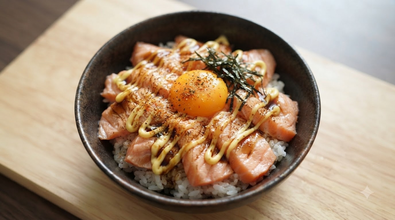 Geflämmtes Lachs-Donburi (Aburi Sake Don)