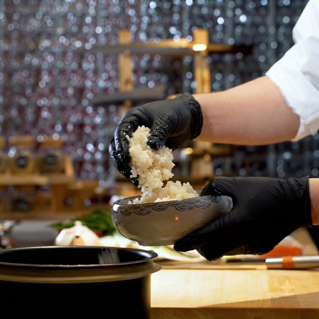 Eine Person mit schwarzen Handschuhen legt warmen Sushi-Reis in eine dekorative Keramikschüssel.