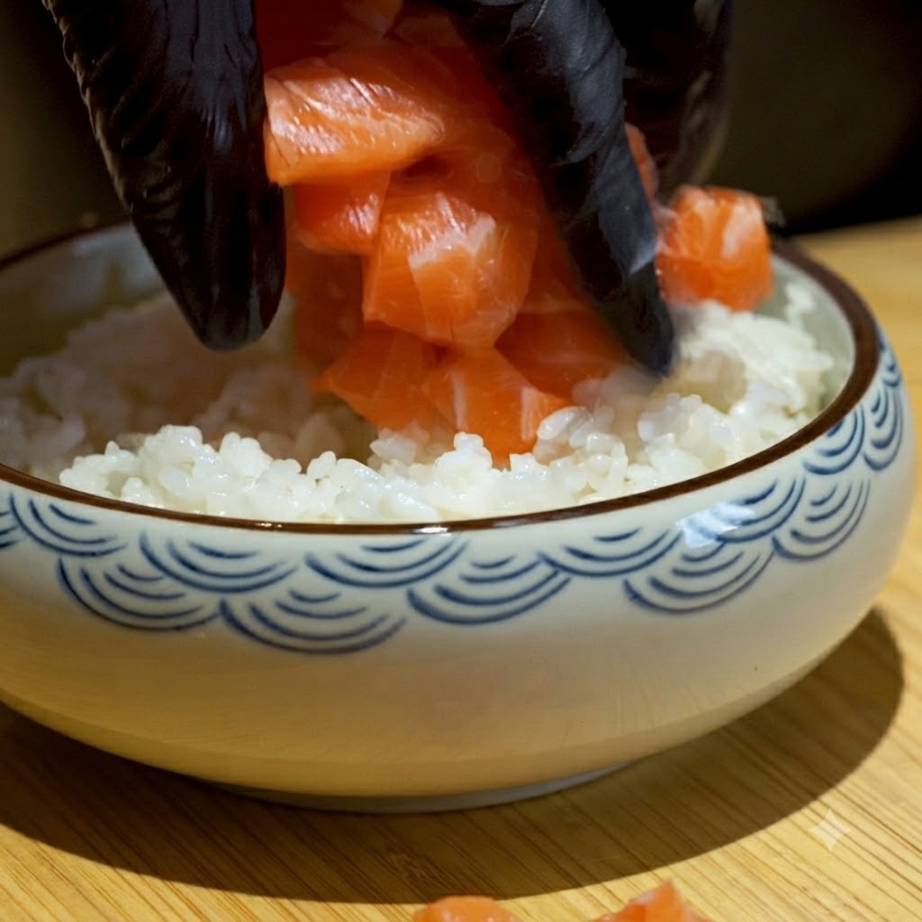 Gewürfelter Lachs wird in einer Keramikschüssel über eine Schicht Sushi-Reis gegeben.