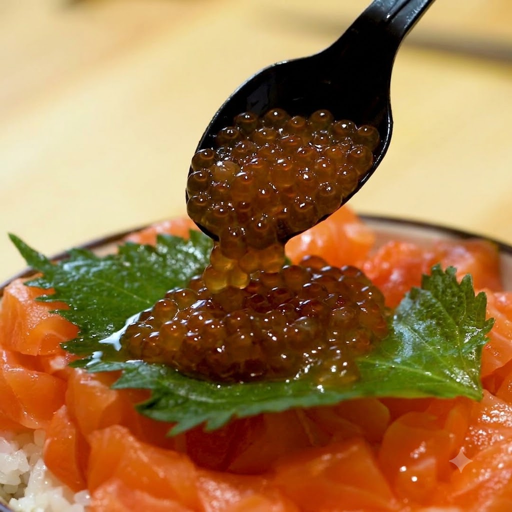 Lachsrogen wird von einem schwarzen Löffel auf ein Shiso-Blatt und Lachs gegossen.