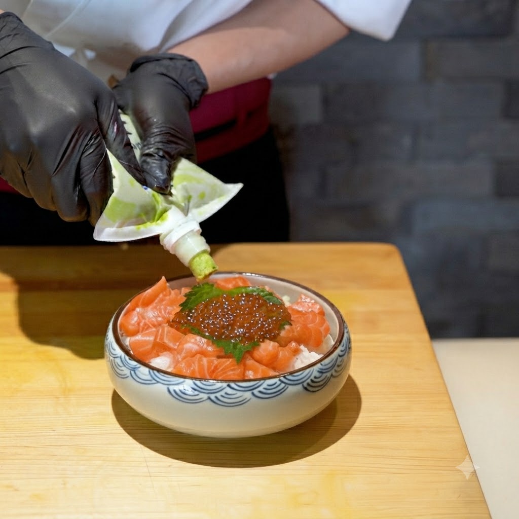 Wasabi wird aus einem Spritzbeutel auf die vorbereitete Lachs-Reisschüssel gedrückt.