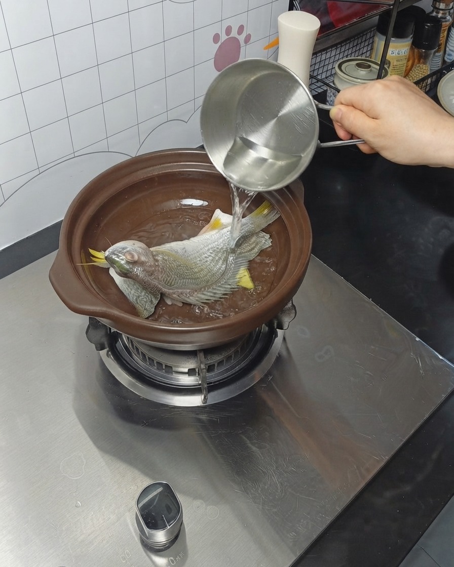 Wasser, das aus einem Metallbehälter in einen Tontopf mit Fisch gegossen wird.