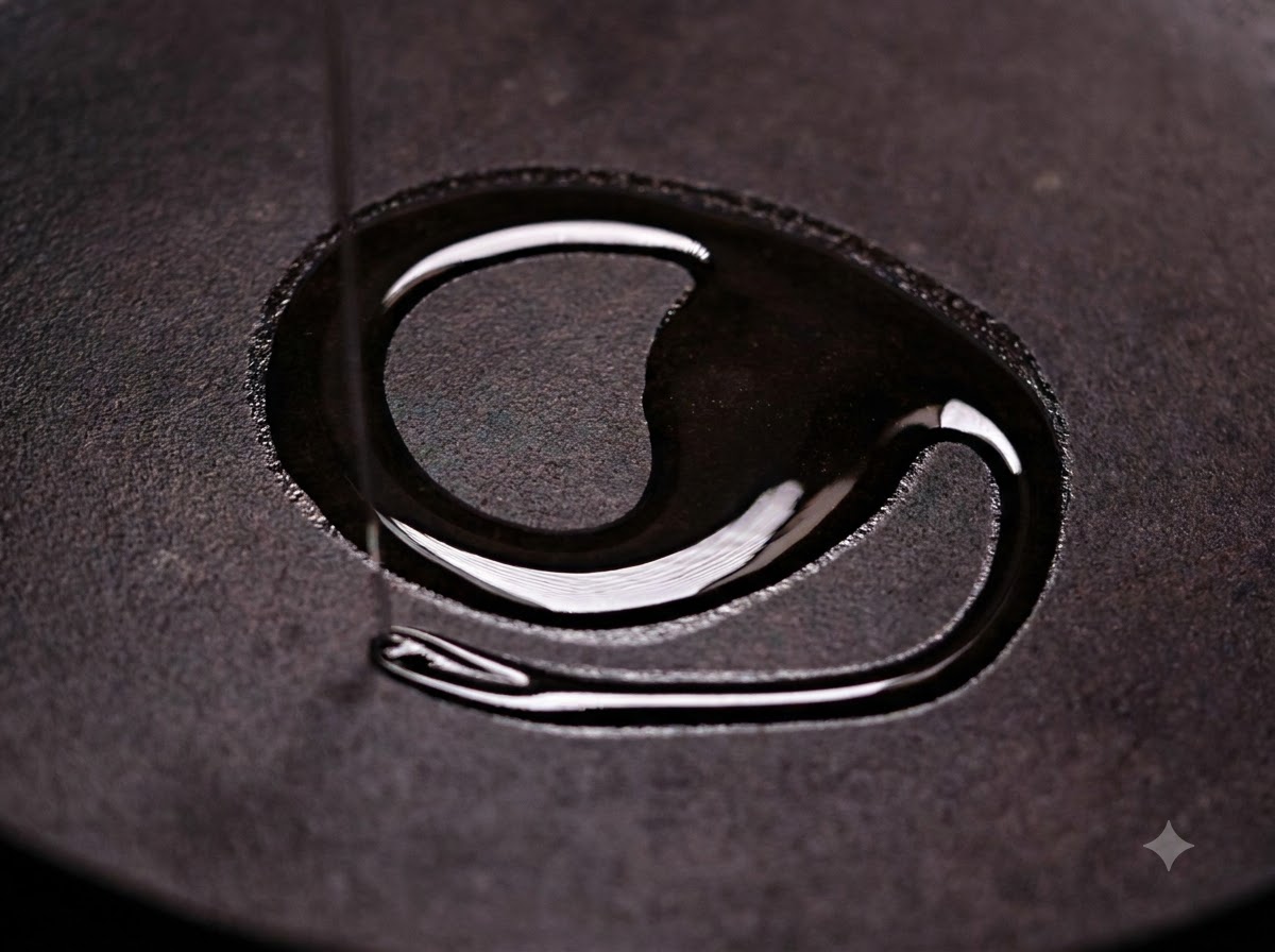Speiseöl wird in eine schwarze Gusseisenpfanne gegossen und bildet einen glatten Film auf der Oberfläche.