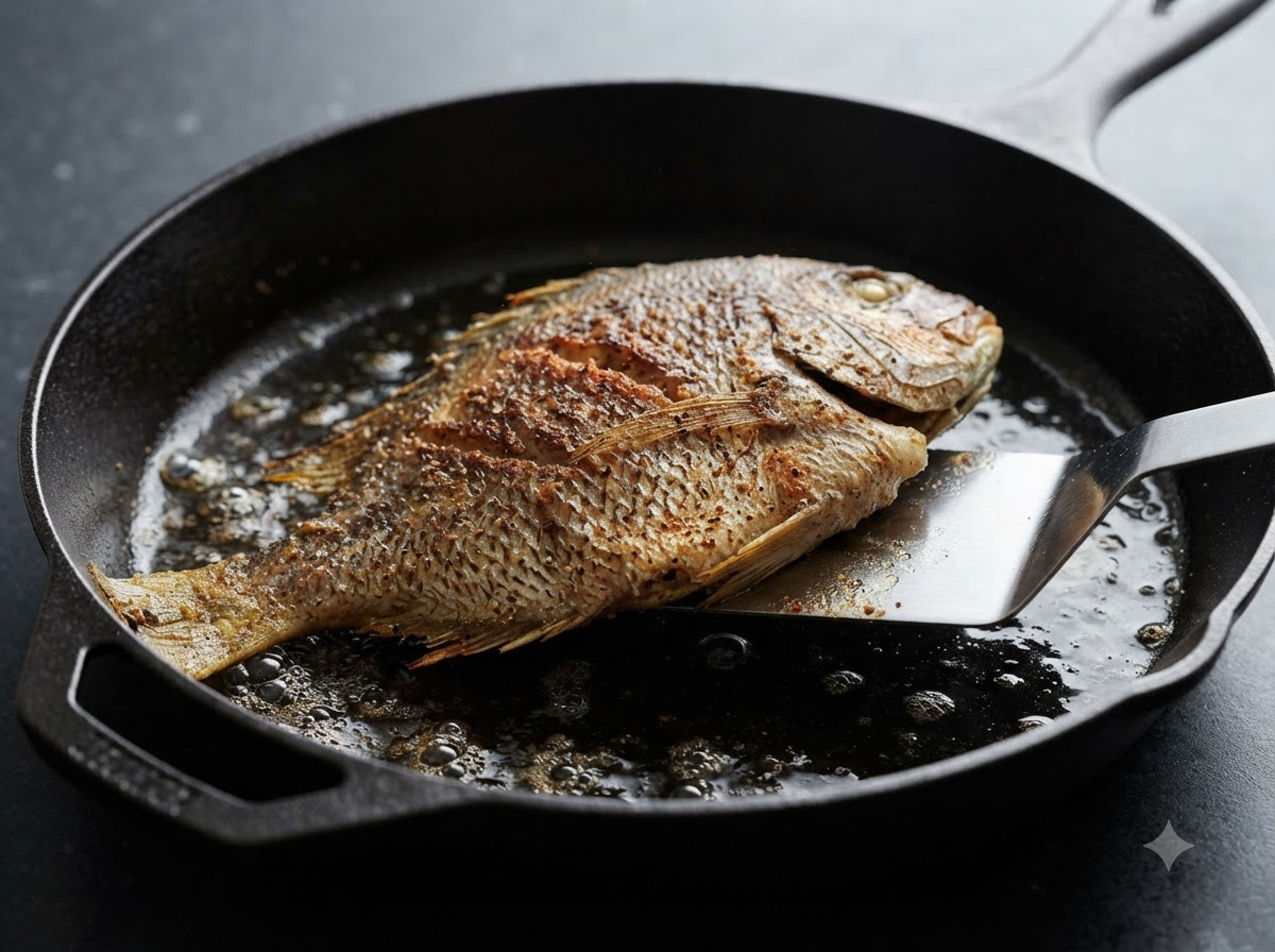 Ein Fisch wird mit einem Pfannenwender in einer mit Öl gefüllten Gusseisenpfanne gewendet.