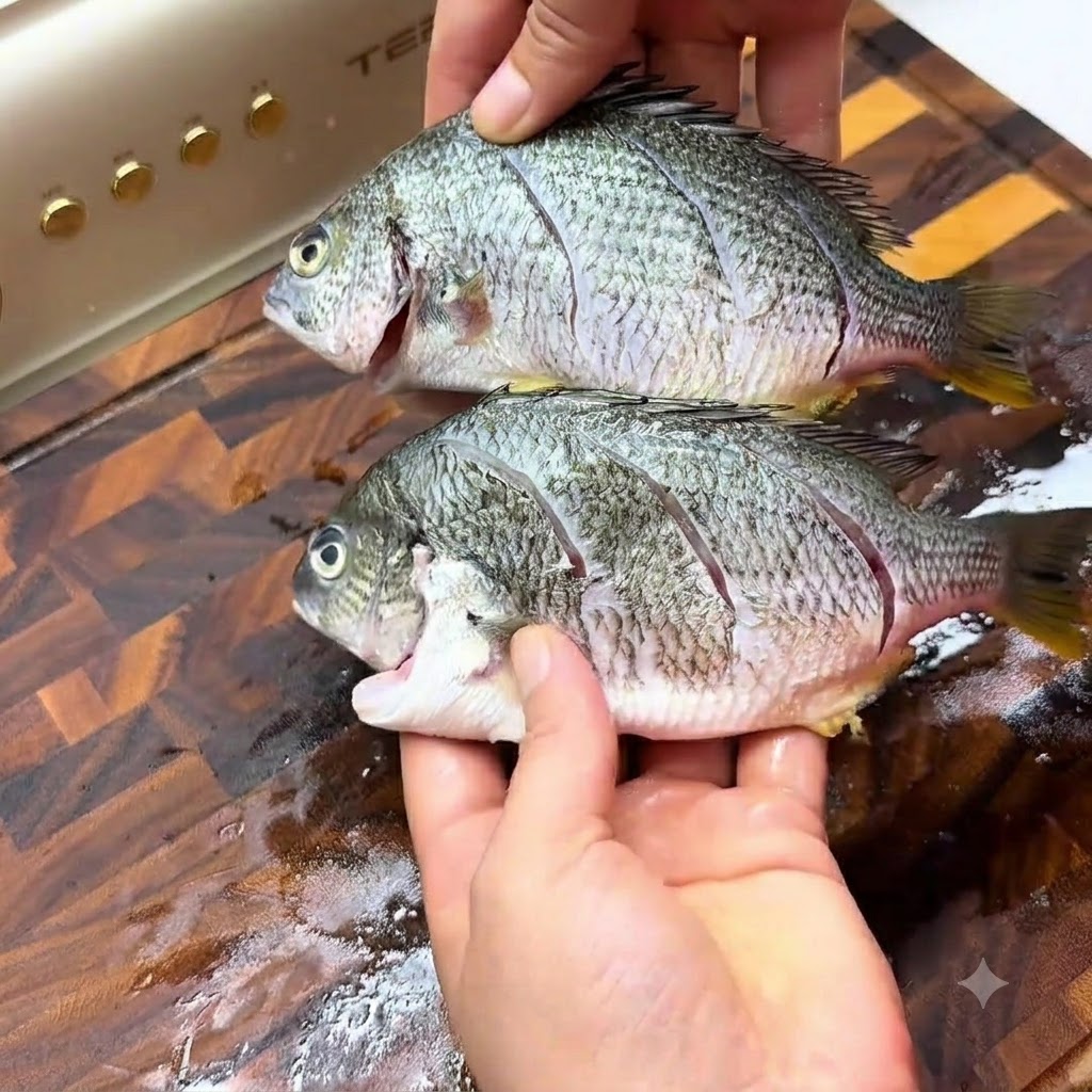 Hände halten zwei eingeschnittene Fische und zeigen gleichmäßig auf der Haut und in den Einschnitten verteiltes Salz.