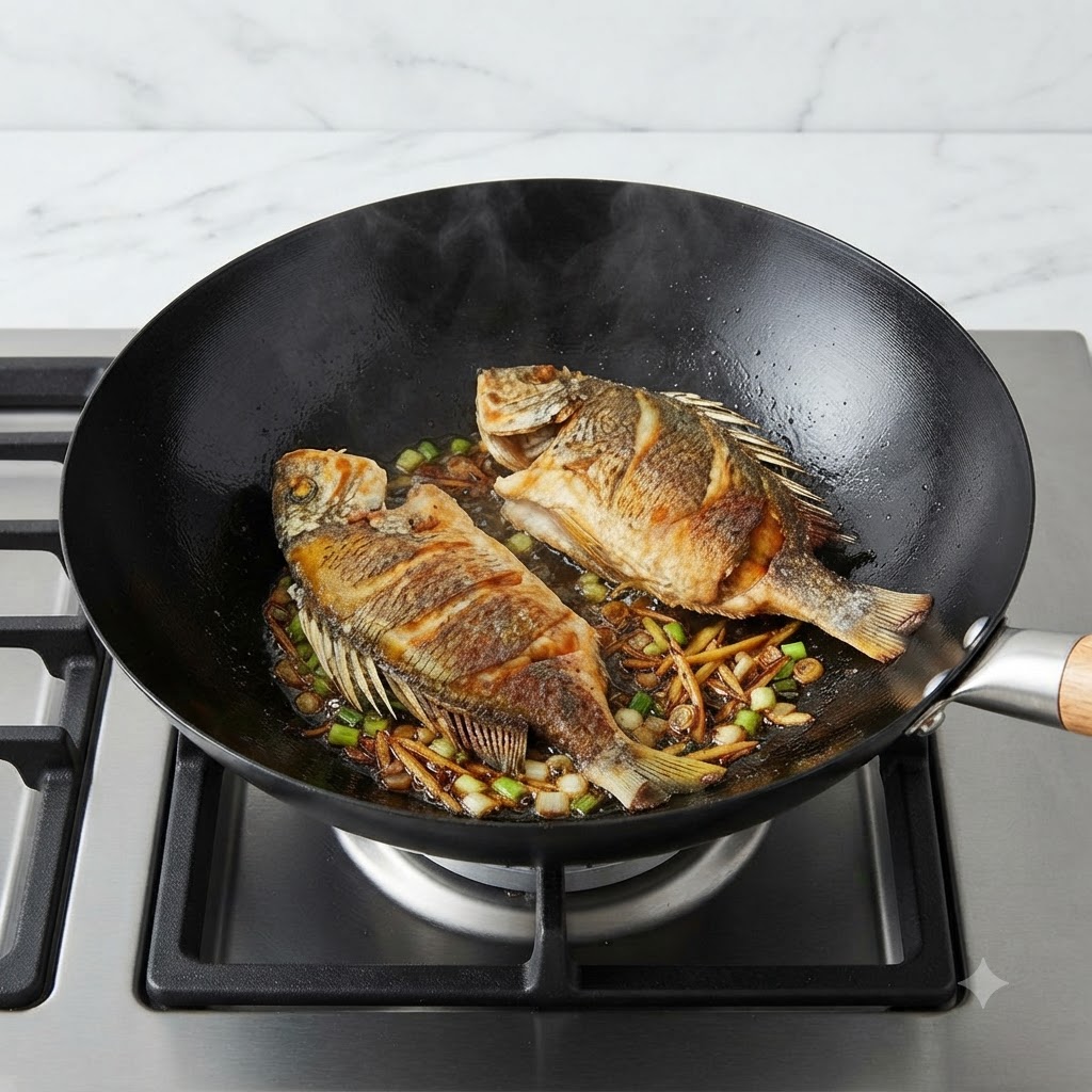 Zwei ganze Fische braten in einem Wok, umgeben von brutzelnden Frühlingszwiebeln und Ingwerscheiben im heißen Öl.