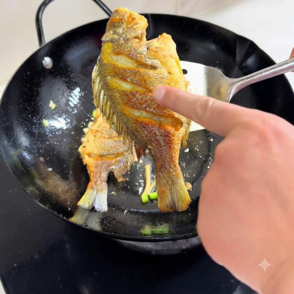 Ein Wender hebt einen gebratenen Fisch aus einem Wok und zeigt eine goldbraune, knusprige Unterseite.