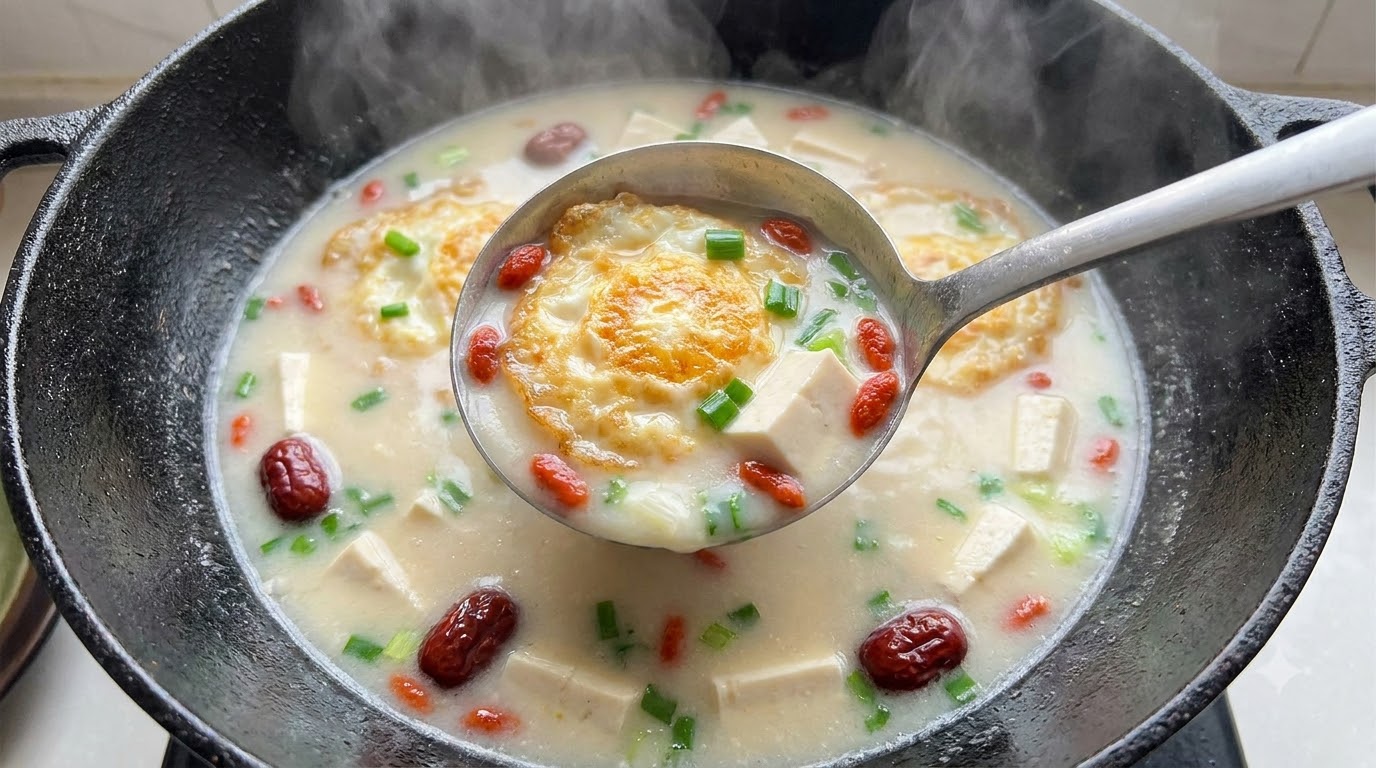 Milchweiße Gelbschwanzmakrelen-Fischsuppe mit Tofu und Spiegeleiern
