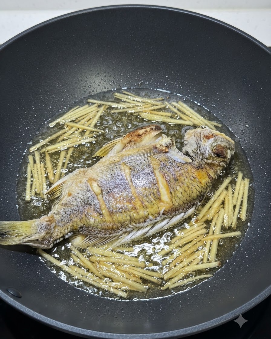 Sojasauce wird über den Fisch und Ingwer in einem Wok gegossen.