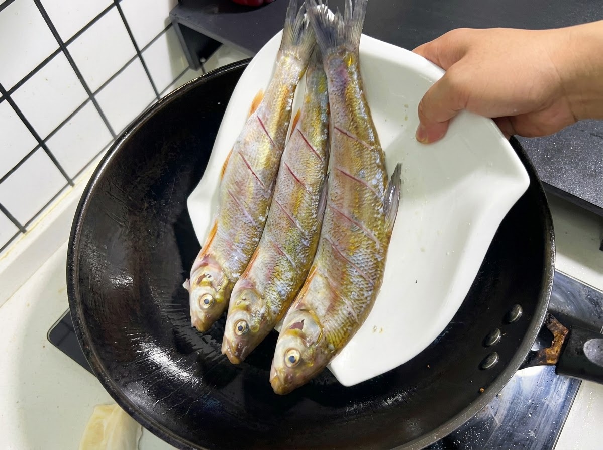 Drei ganze, eingeschnittene rohe Fische werden von einem weißen Teller in einen schwarzen Wok mit heißem Öl geschoben.