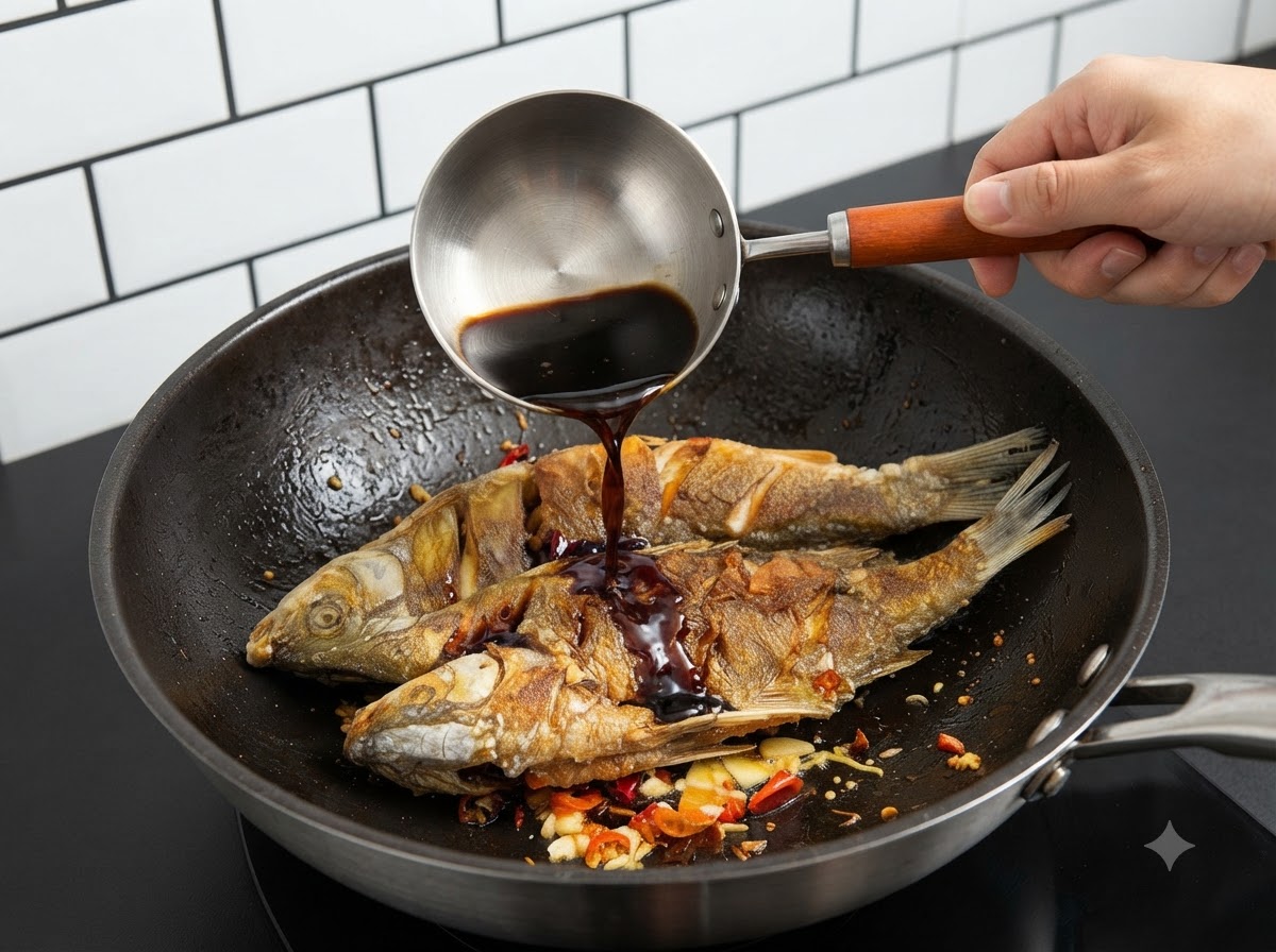 Eine Hand gießt mit einer Metallkelle eine dunkle Sojasaucenmischung über den frittierten Fisch und die Aromen im Wok.