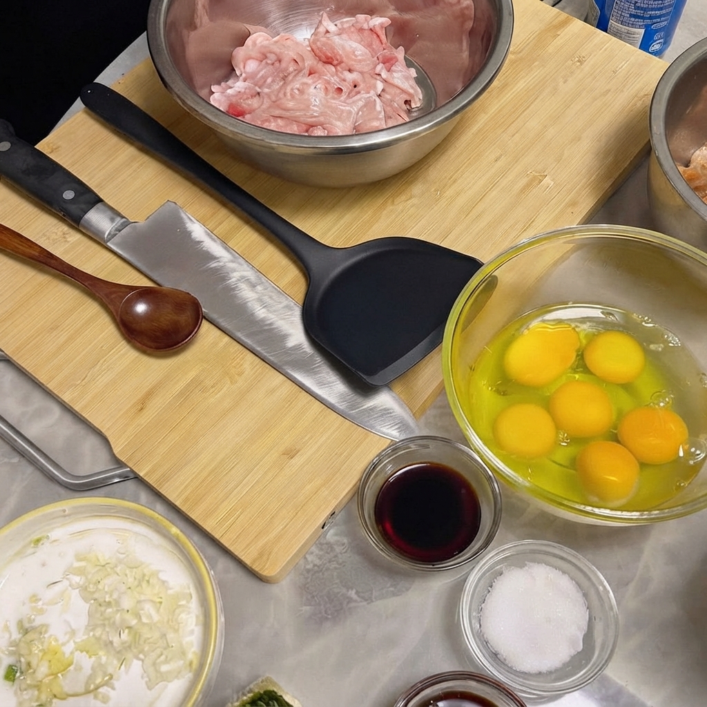 Magere Schweinefleischscheiben in einer Edelstahlschüssel vermischt mit Sojasauce, Knoblauch und Gewürzen.