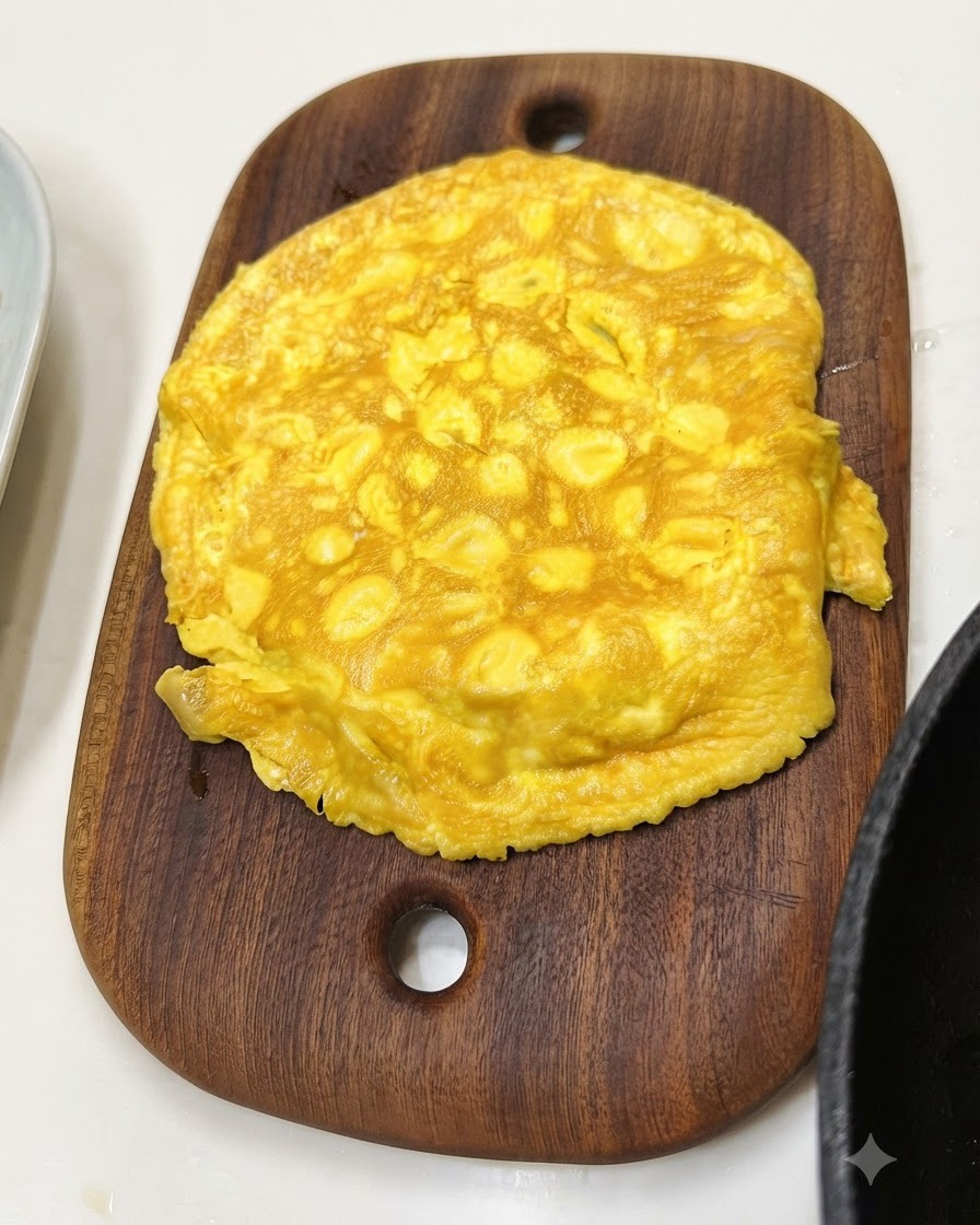 Ein fertiges gelbes Eieromelett liegt auf einem ovalen Holzschneidebrett.
