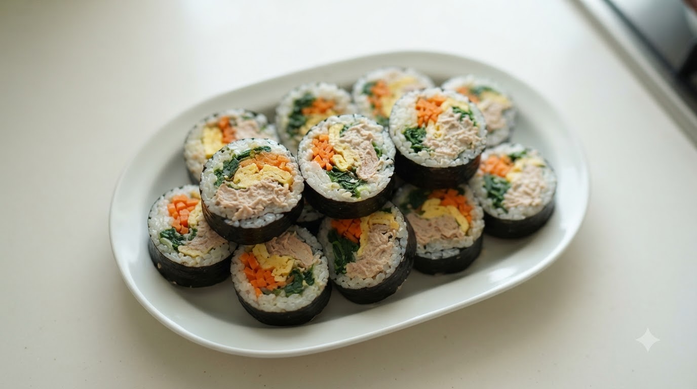 Ein Teller voller frisch geschnittener Thunfisch-Gimbap, garniert mit gerösteten Sesamsamen.