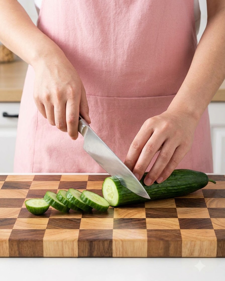 Eine Person mit einer rosa Schürze schneidet eine frische Gurke auf einem karierten Holzschneidebrett.