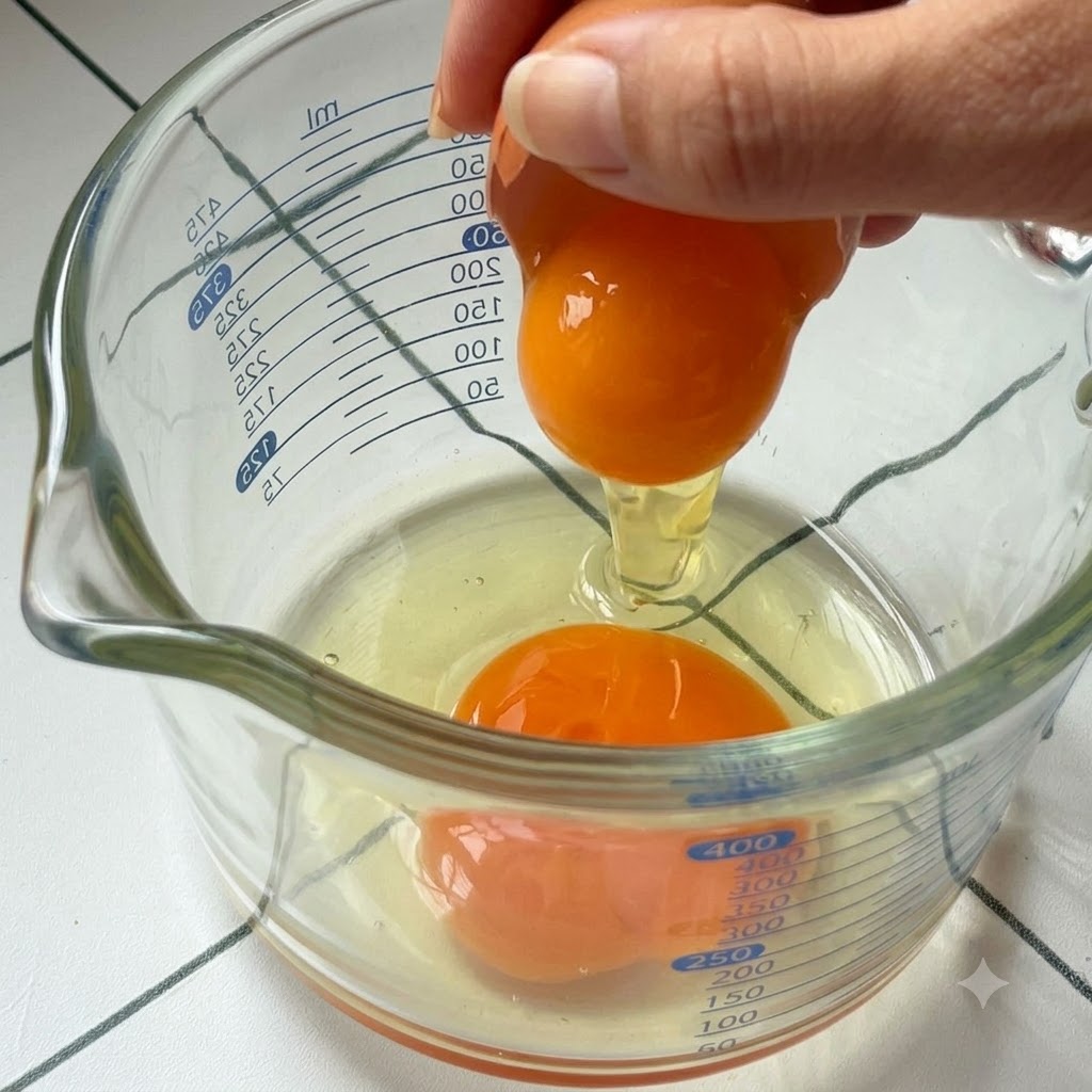Ein Ei wird in einen Glasmessbecher mit bereits aufgeschlagenen Eiern und Messstrichen geschlagen.