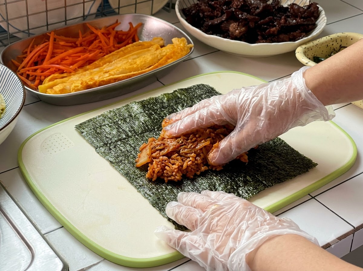 Hände mit Handschuhen verteilen eine Schicht Kimchi-Bratreis auf einem Algenblatt.
