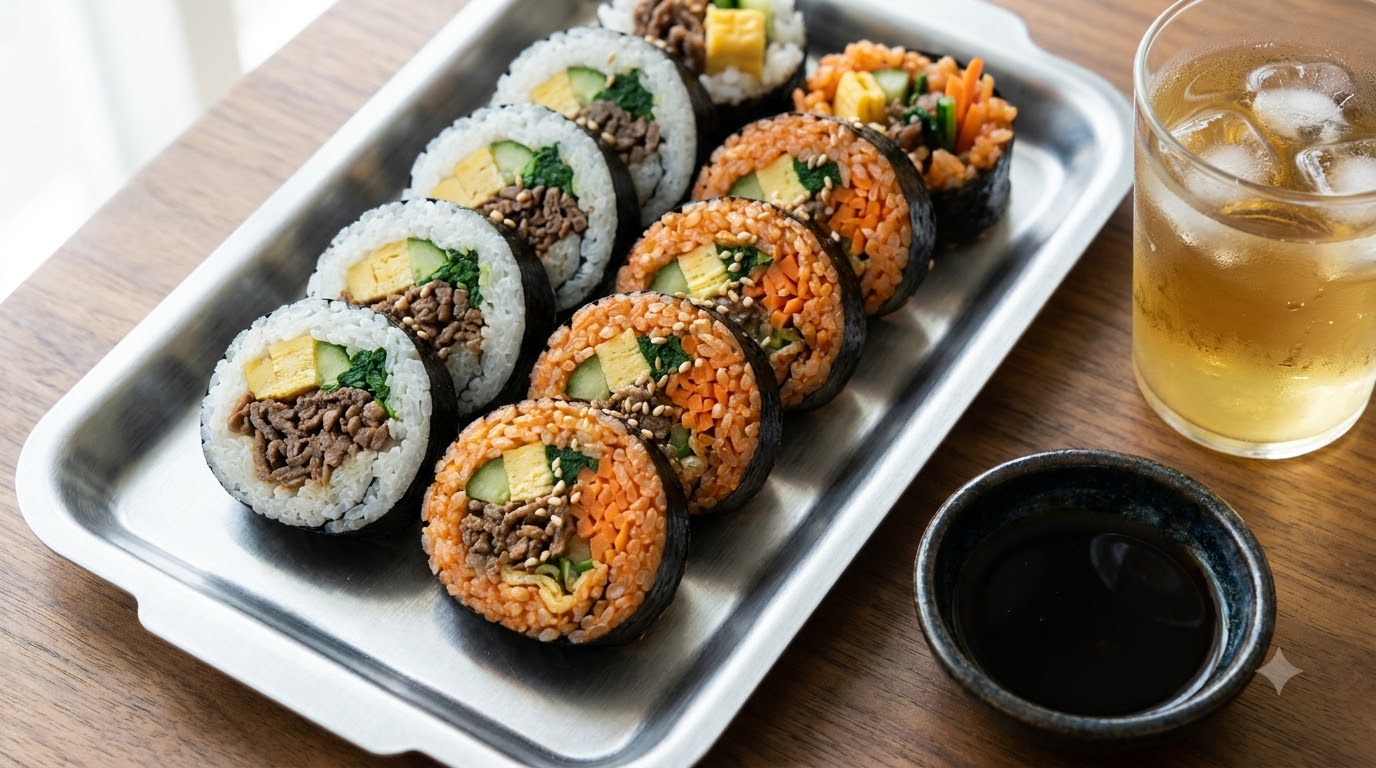 Zweifarbiges Bulgogi und Kimchi-Fried-Rice Gimbap