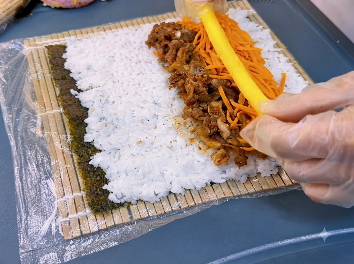 Eine Hand legt einen langen, gelben Streifen eingelegten Rettich neben Karotten und Rindfleisch auf den Reis.