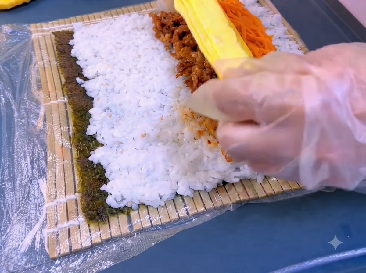 Ein gelber Eierstreifen wird über die Karotten- und Rindfleischfüllung auf eine Kimbap-Schicht gelegt.
