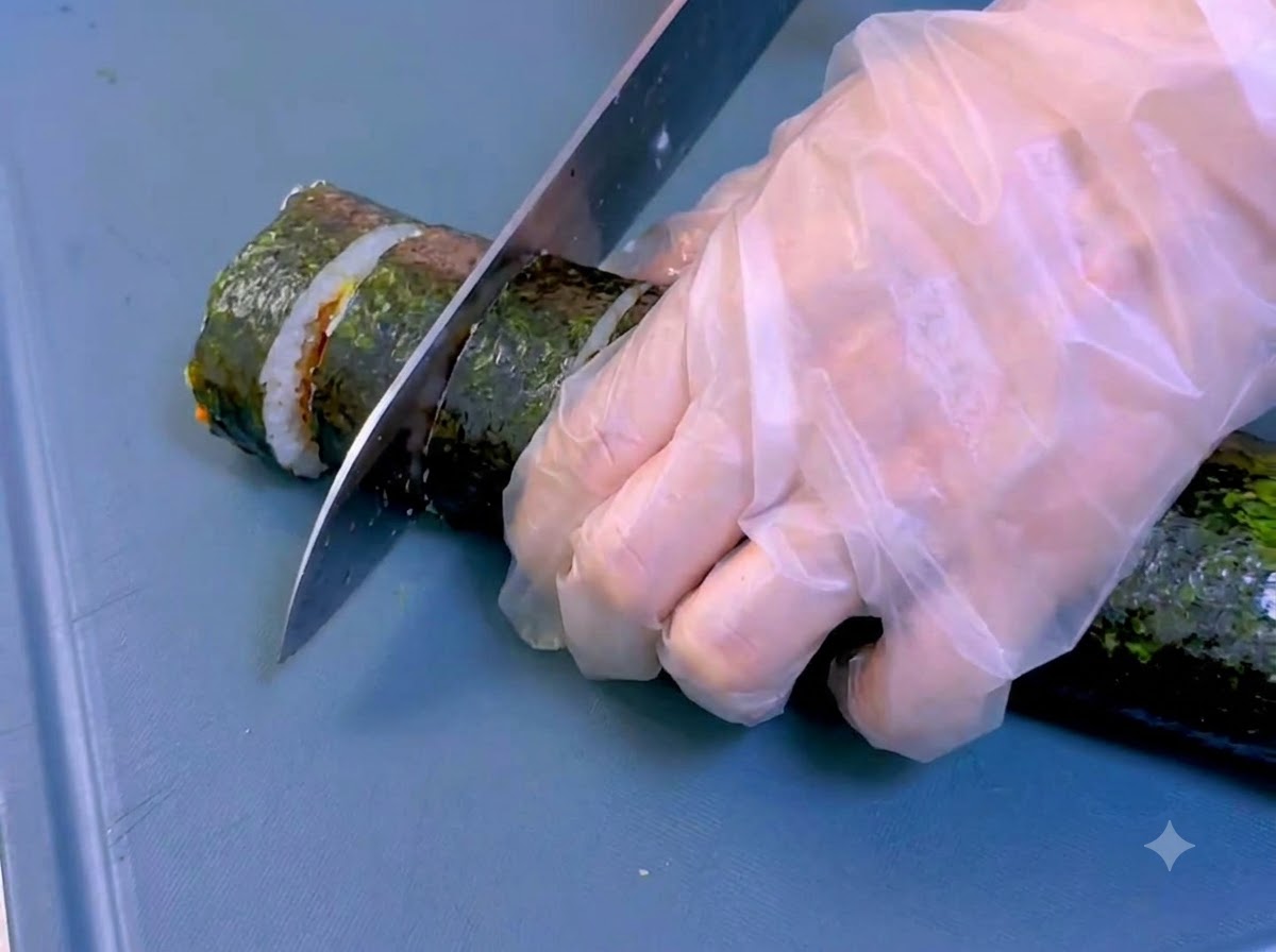 Ein scharfes Messer schneidet auf einem blauen Schneidebrett durch ein gerolltes Kimbap.