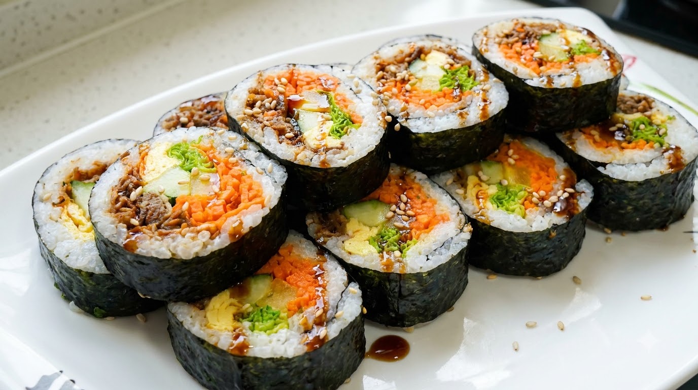 Herzhaftes Bulgogi Kimbap (Reisrollen mit gegrilltem Rindfleisch)