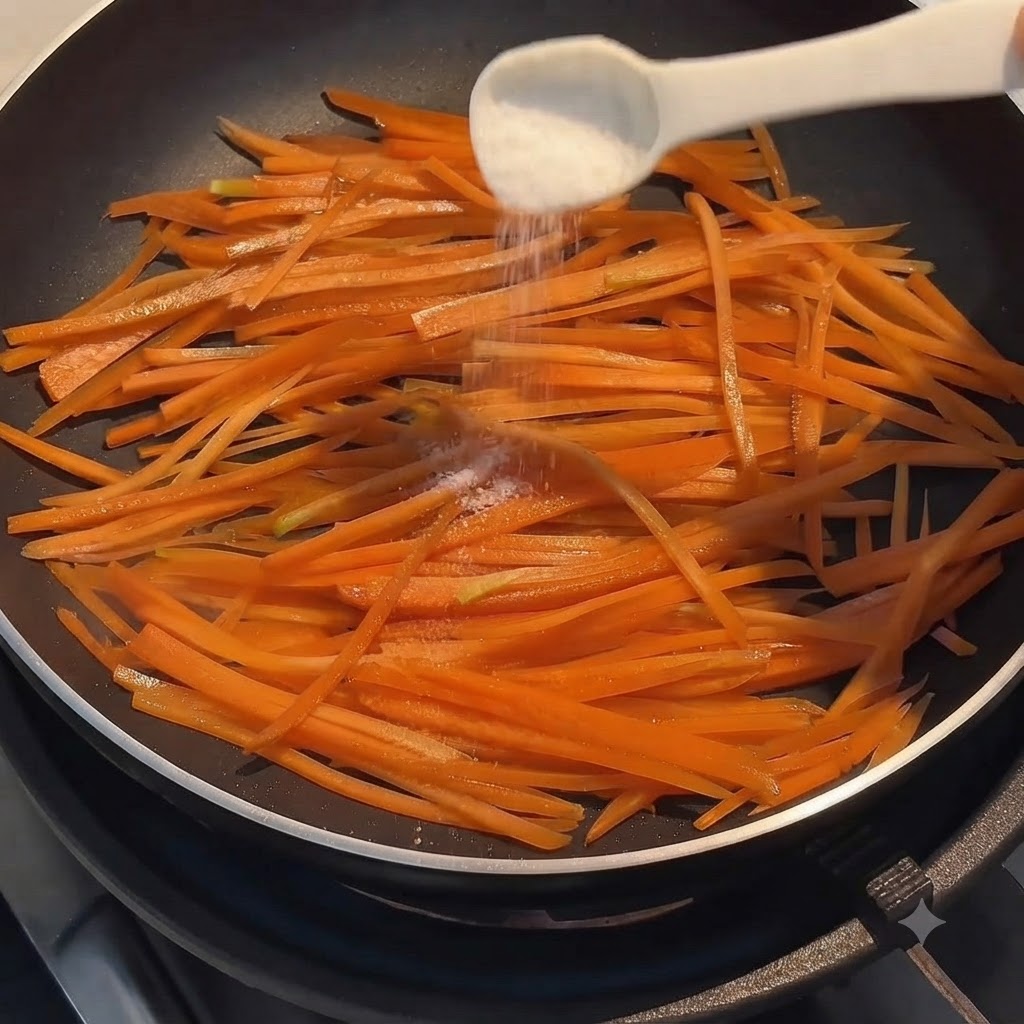 Eine Prise Salz wird aus einem kleinen Messlöffel über leuchtend orangefarbene geraspelte Karotten gestreut, die in einer schwarzen Antihaftpfanne braten.