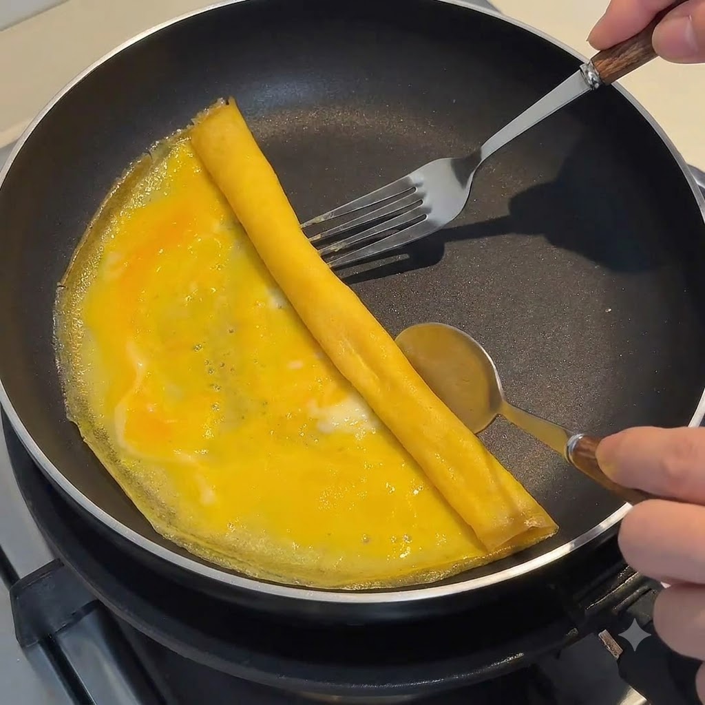 Ein dünnes Eieromelett wird in einer Bratpfanne mit einer Gabel und einem Löffel fest aufgerollt.