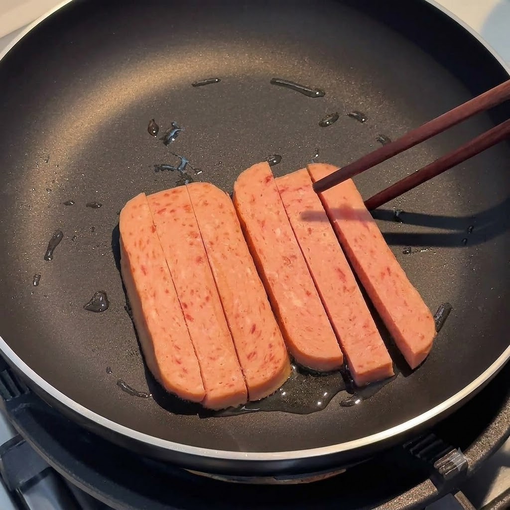 Frühstücksfleisch-Streifen braten in einer Pfanne und werden mit Holzstäbchen gehalten und gewendet.