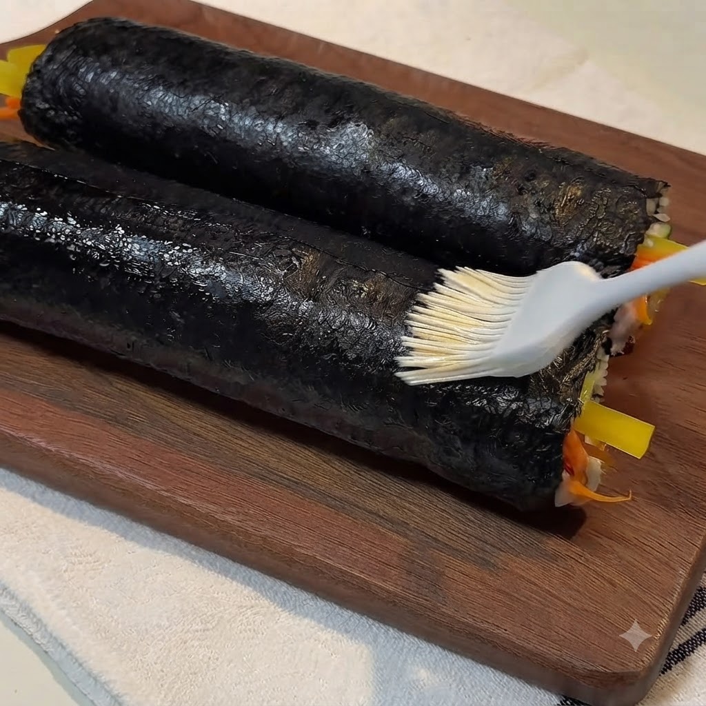 Ein Silikonpinsel trägt eine glänzende Schicht Sesamöl auf zwei fertige Seetangrollen auf einem Holzbrett auf.