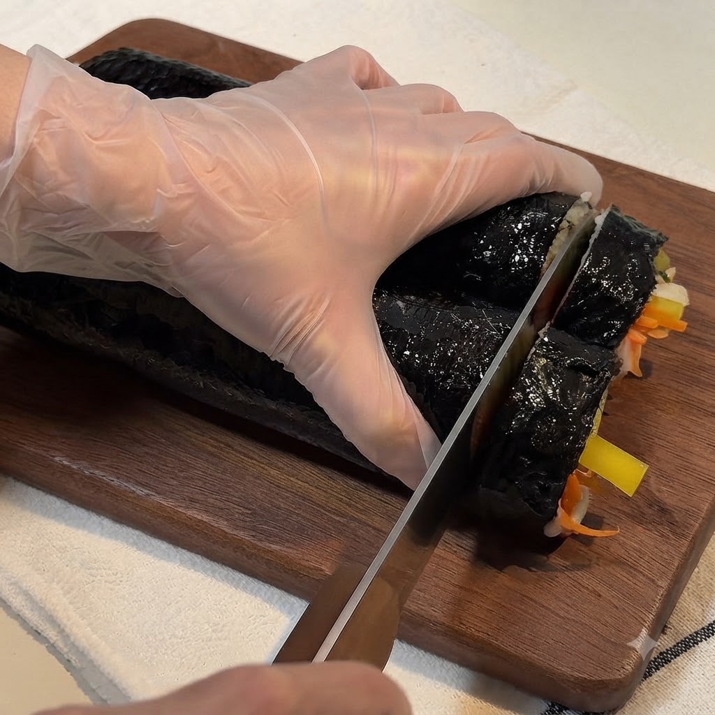 Ein scharfes Messer schneidet auf einem Holzschneidebrett durch ein langes gerolltes Kimbap, um mundgerechte Stücke zu erhalten.
