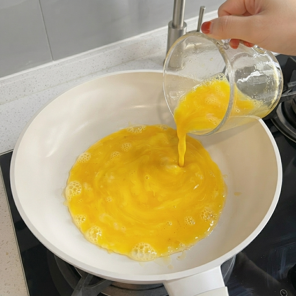 Sich in einer heißen Pfanne zu einer dünnen Schicht ausbreitende Eimasse.