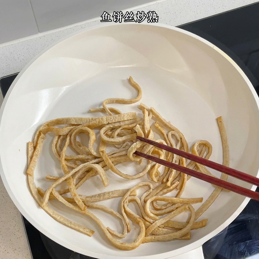 Fischkuchenstreifen werden in einer weißen Pfanne mit Stäbchen sautiert.
