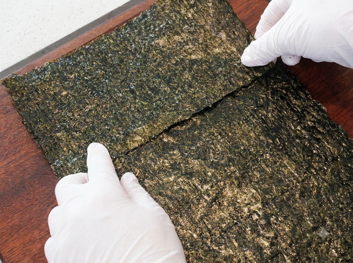 Ein halbes Algenblatt wird mithilfe von klebrigem Reis als Klebemittel an ein vollständiges Algenblatt angesetzt.