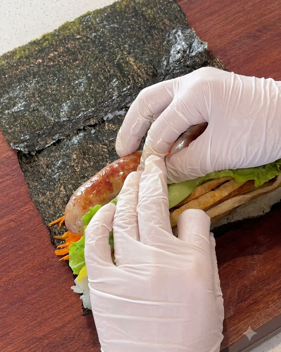 Gebratene Würstchen und frische Salatblätter werden auf den Kimbap-Füllungen platziert.