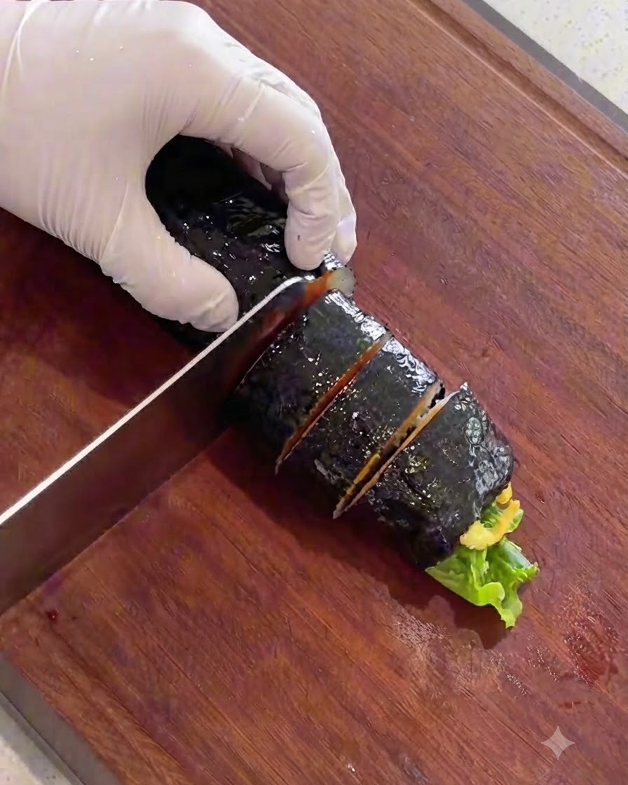 Ein scharfes Messer schneidet eine geölte Kimbap-Rolle auf einem Holzbrett in ordentliche Stücke.