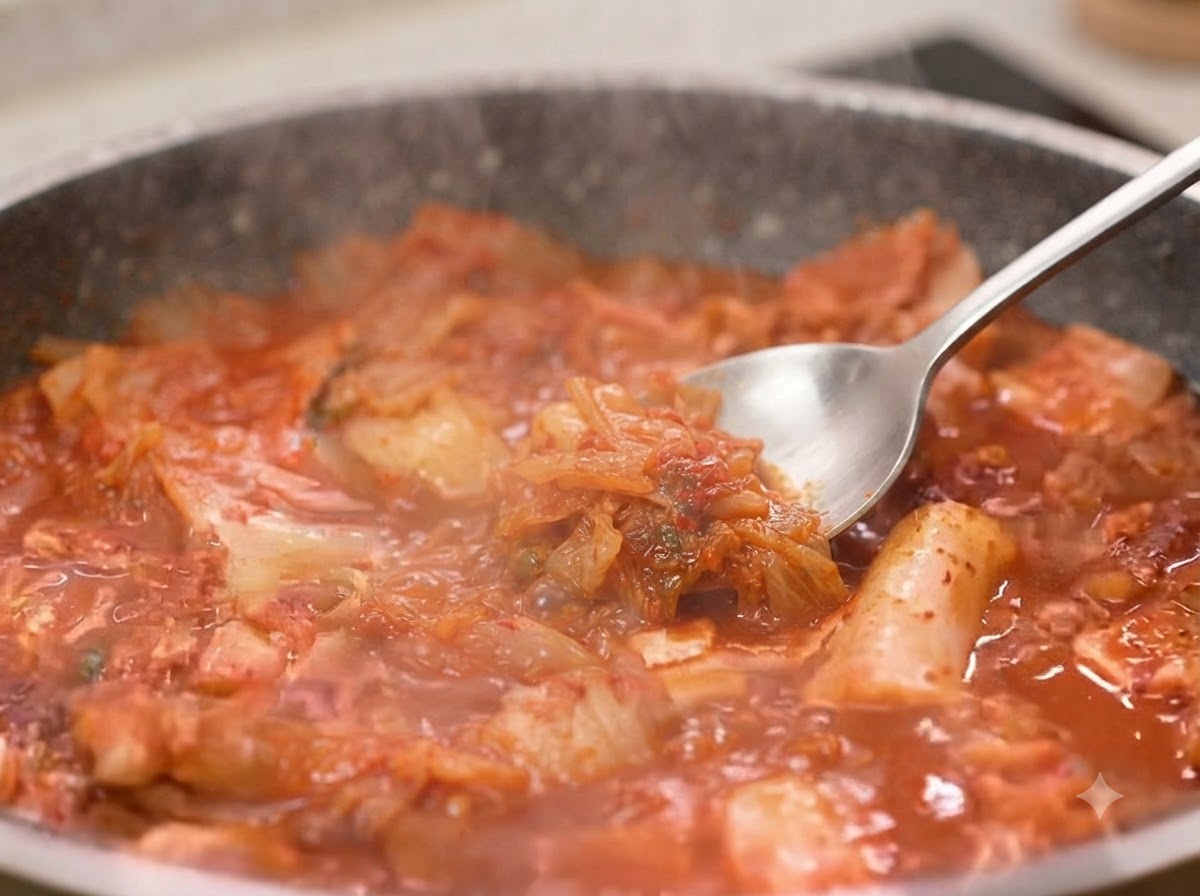 Gehackter Knoblauch und helle Sojasauce werden in die Pfanne gegeben und gründlich mit dem Kimchi und dem Schweinefleisch vermischt.