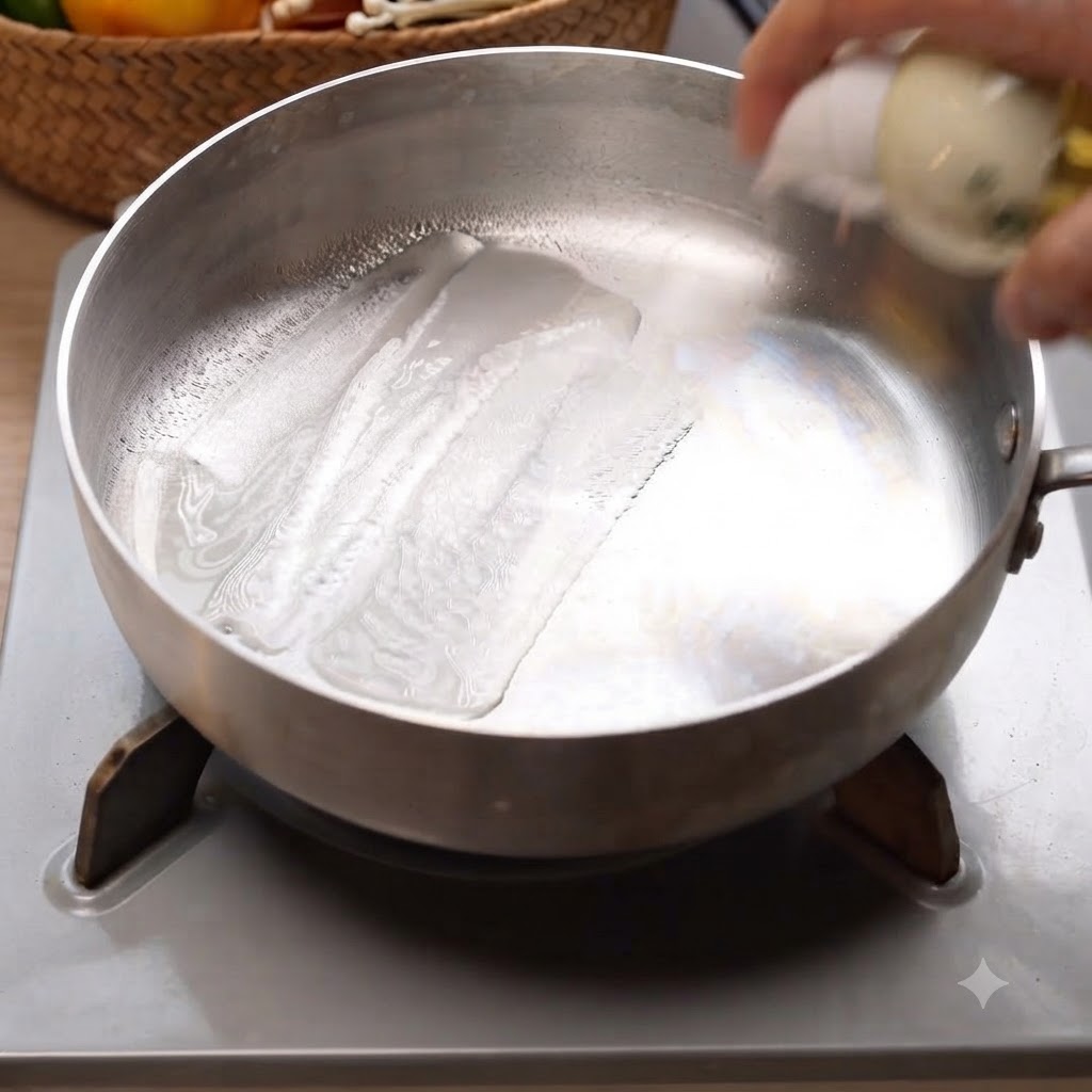 Weisse Zwiebelscheiben werden in einer flachen Metallpfanne mit Öl angebraten.