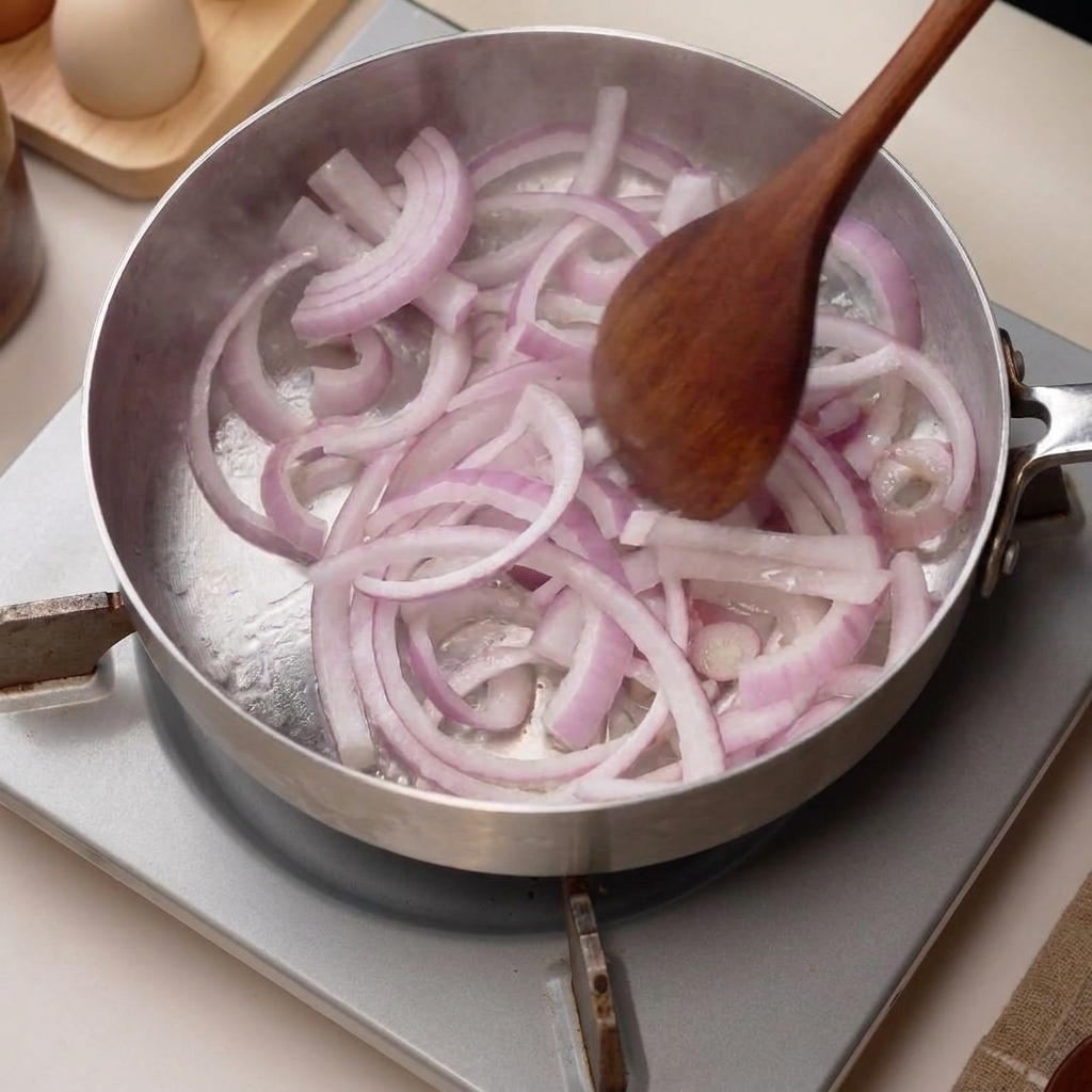 Geschnittene Zwiebeln werden in einer heissen Pfanne angebraten.
