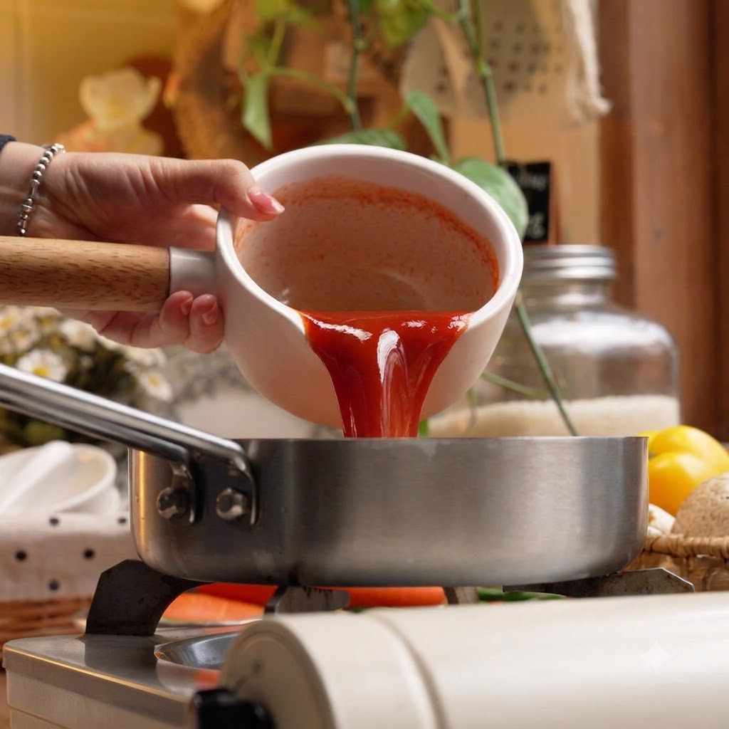 Dicke rote koreanische Chilisauce wird aus einer weissen Keramikkanne in eine Kochpfanne gegossen.