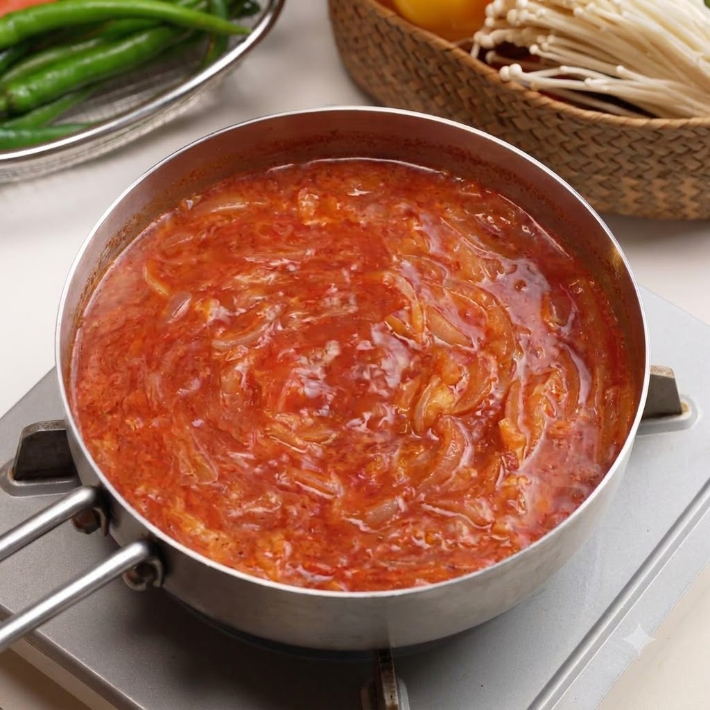Eine Pfanne gefüllt mit köchelnder roter Kimchi-Brühe, umgeben von frischen Zutaten wie Enoki-Pilzen und Chilischoten.