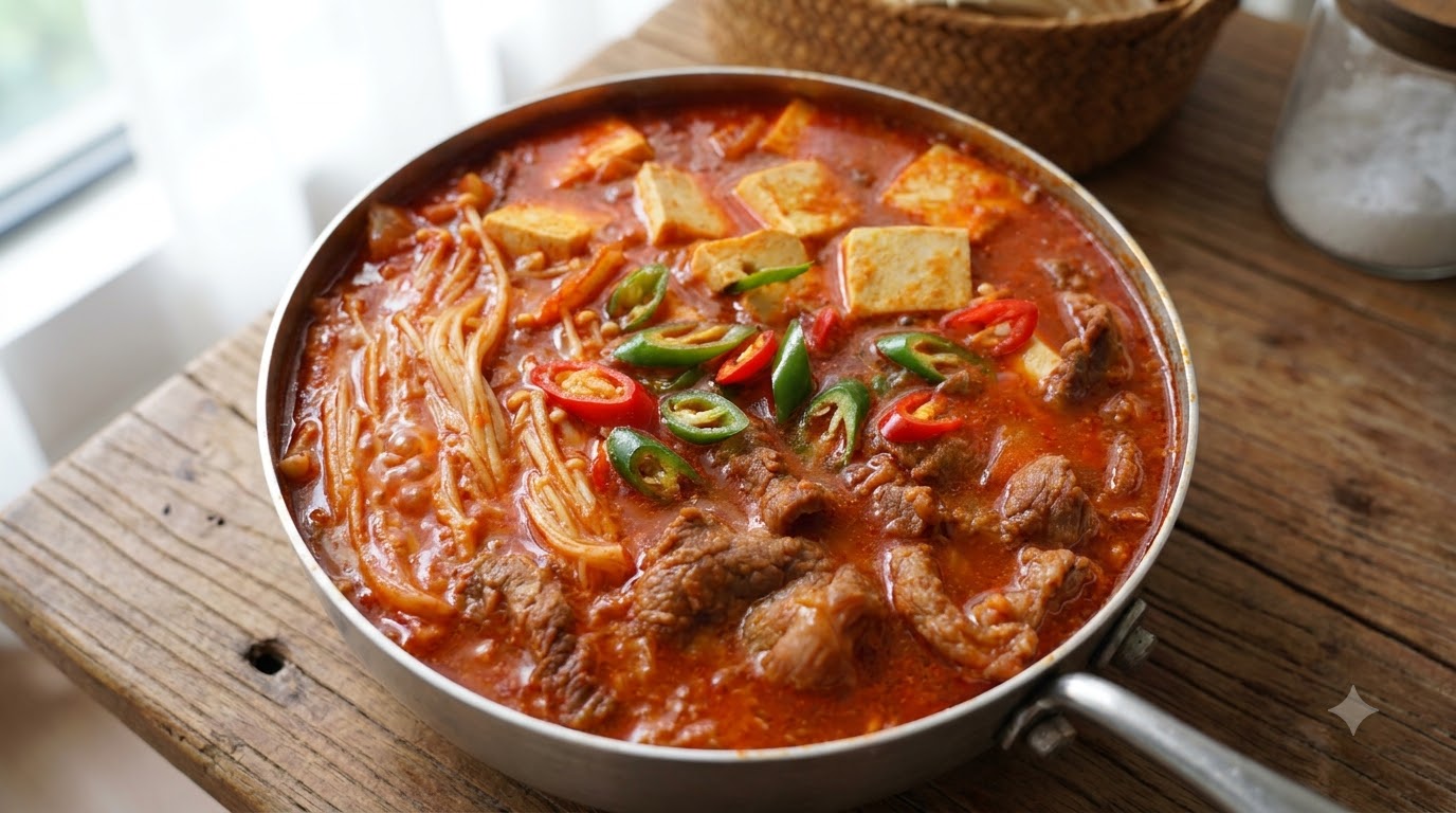 Ein lebendiger Topf koreanischer Kimchi-Rindfleisch-Tofu-Suppe mit Rindfleisch, Tofu, Enoki-Pilzen und frischen Chilischeiben.