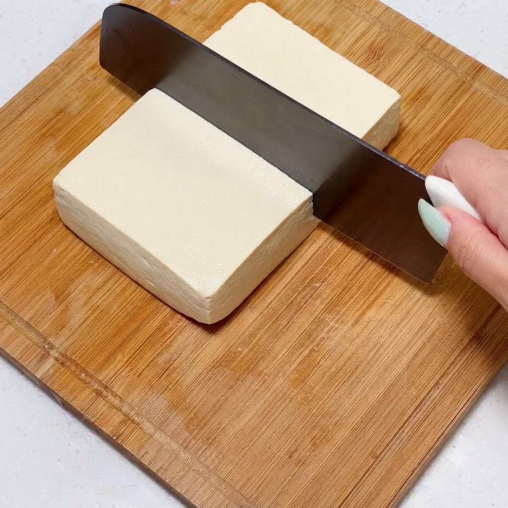 Ein Block fester Tofu wird auf einem Holzschneidebrett in gleich große Stücke geschnitten.