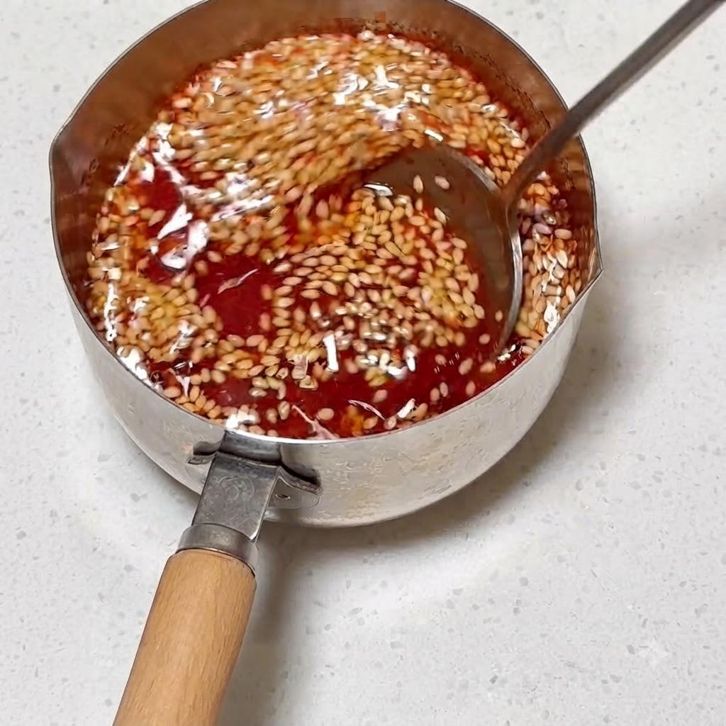 Saucenzutaten werden in einem Metalltopf mit einem Löffel verrührt.