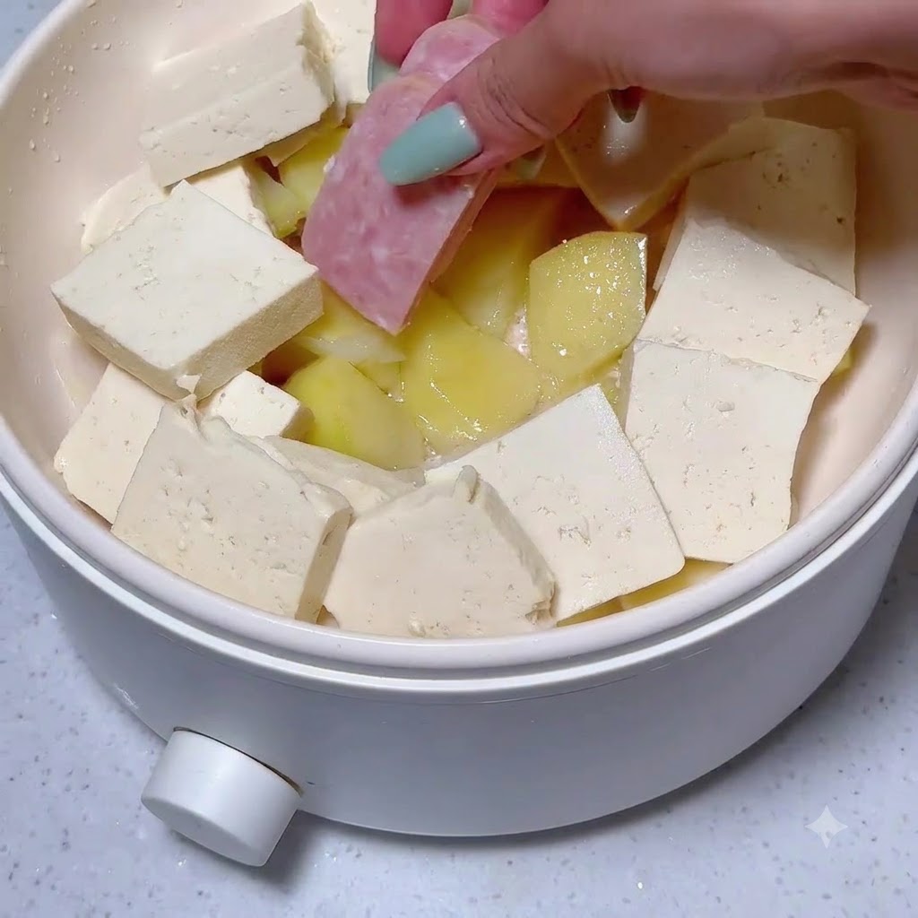 Scheiben von Frühstücksfleisch werden zwischen anderen Zutaten in der Kochpfanne platziert.