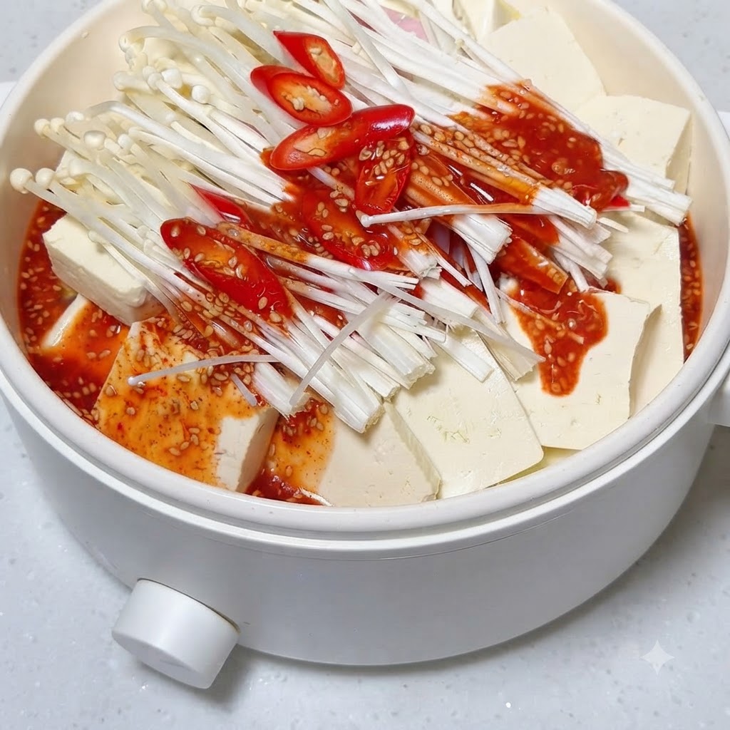 Rote, scharfe Sauce mit Sesamsamen wird über die angeordneten Tofu- und Pilzstücke im Topf gegossen.