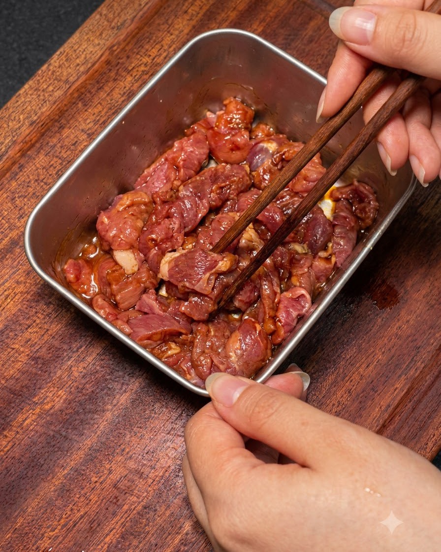 Hände rühren mit Essstäbchen aus Holz rohe Rindfleischscheiben mit Marinade in einem Metalltablett um.