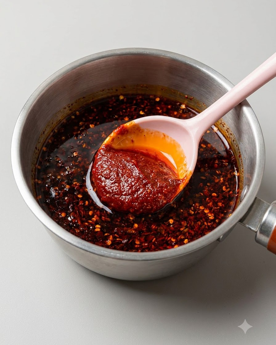Ein rosa Löffel hebt eine dicke, leuchtend rote Chilisaucenmischung in einer kleinen Metallpfanne an.