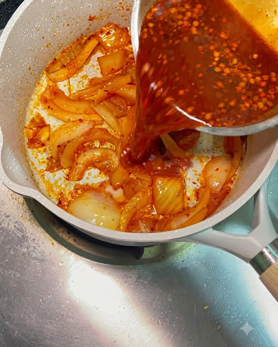 Rote Chilisauce wird aus einer Silberschüssel in eine Pfanne mit angebratenen Zwiebeln und Kimchi gegossen.