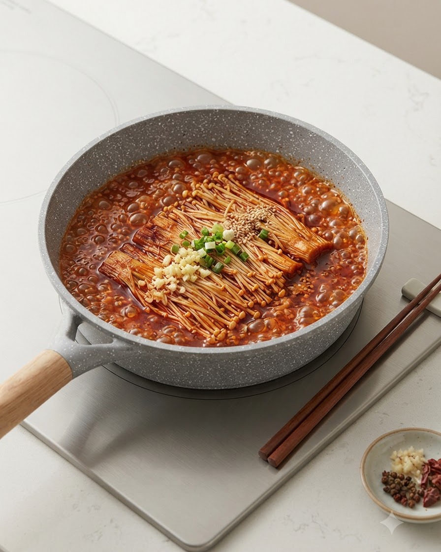 Enoki-Pilze, gehackter Knoblauch und Sesamsamen in der Mitte einer kochenden roten Suppenbrühe.